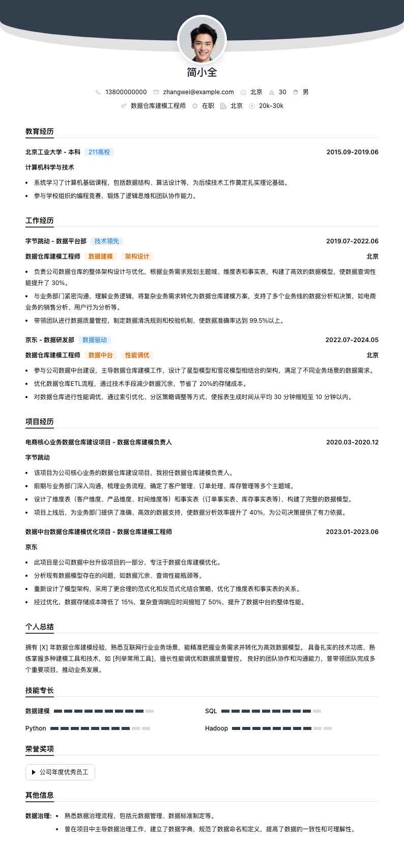 数据仓库建模工程师简历模板