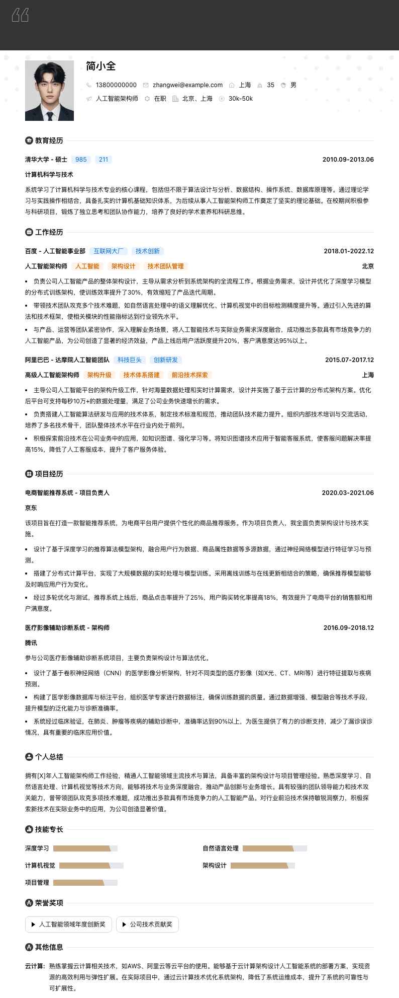 人工智能架构师简历模板