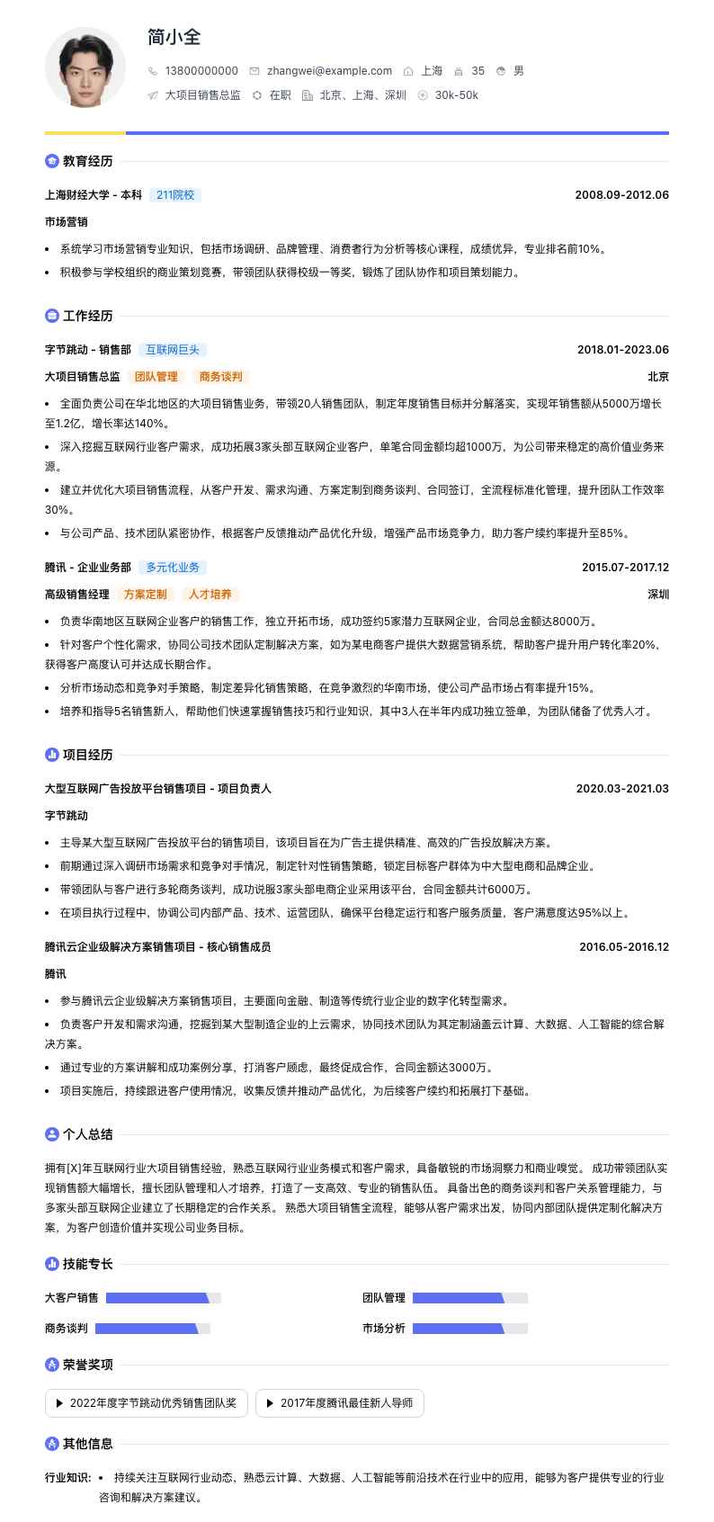 大项目销售总监简历模板