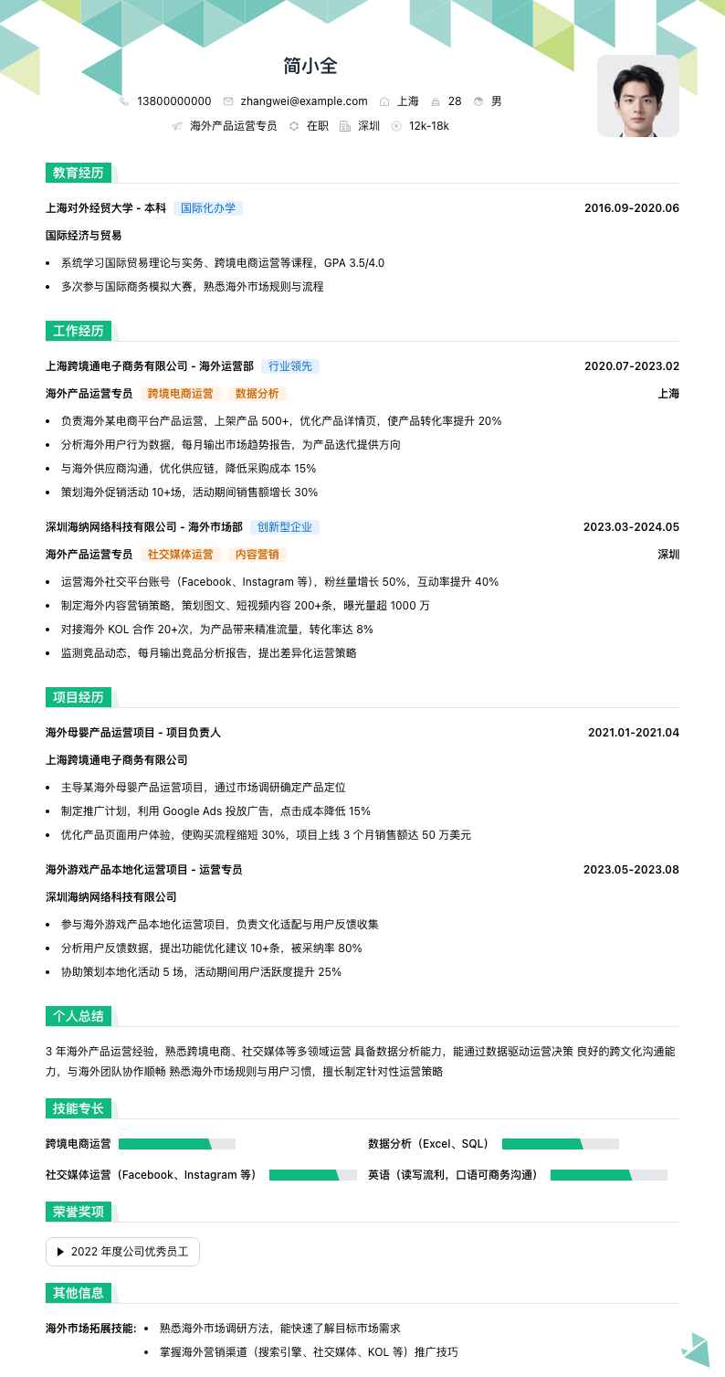 海外产品运营专员简历模板