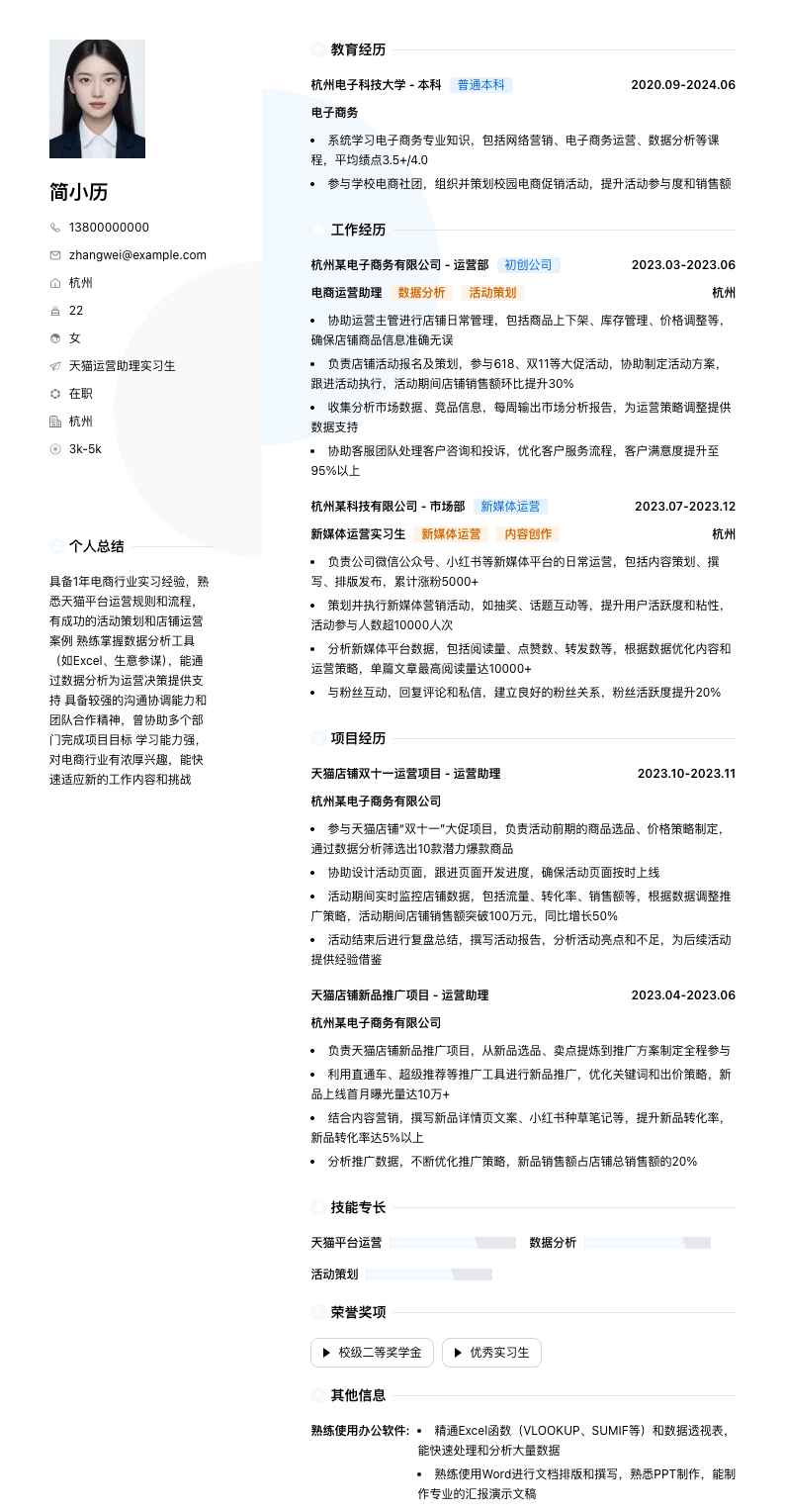 天猫运营助理实习生简历模板