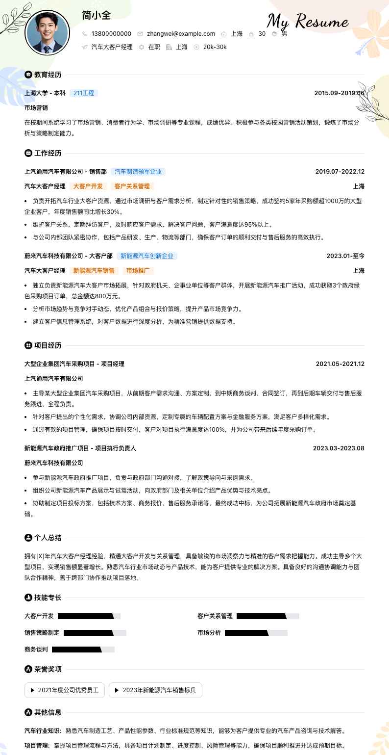 汽车大客户经理简历模板