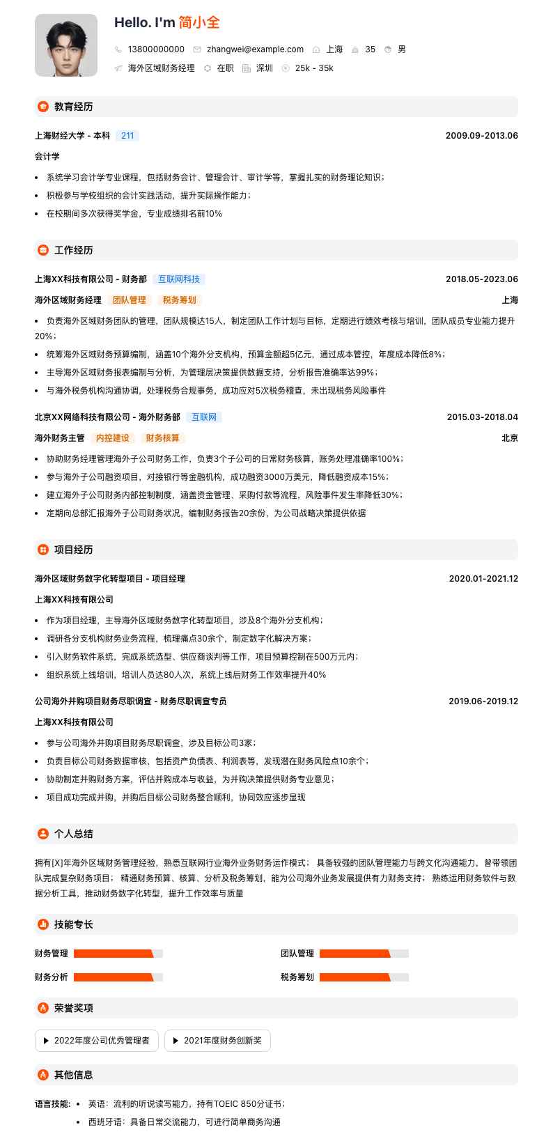 海外区域财务经理简历模板