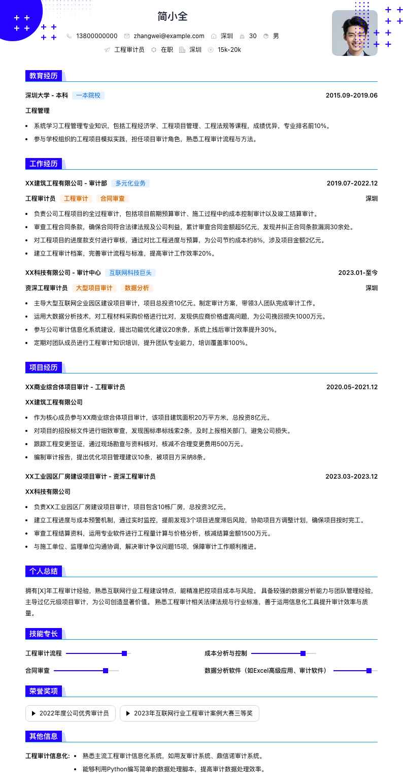 工程审计员简历模板