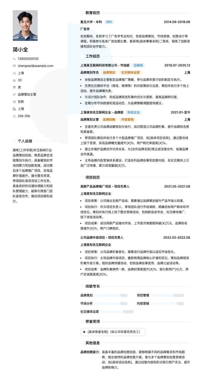 品牌策划主管简历模板