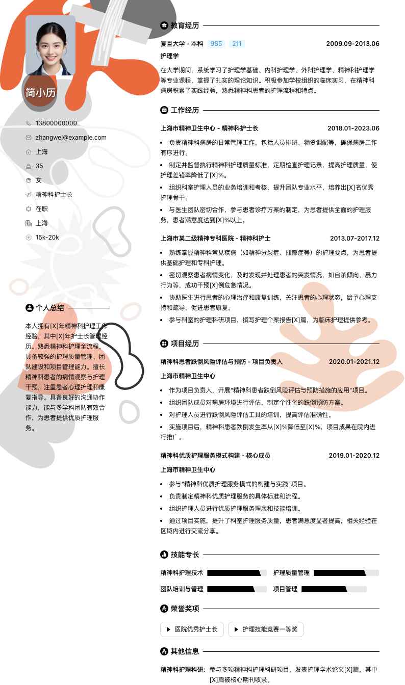 精神科护士长简历模板