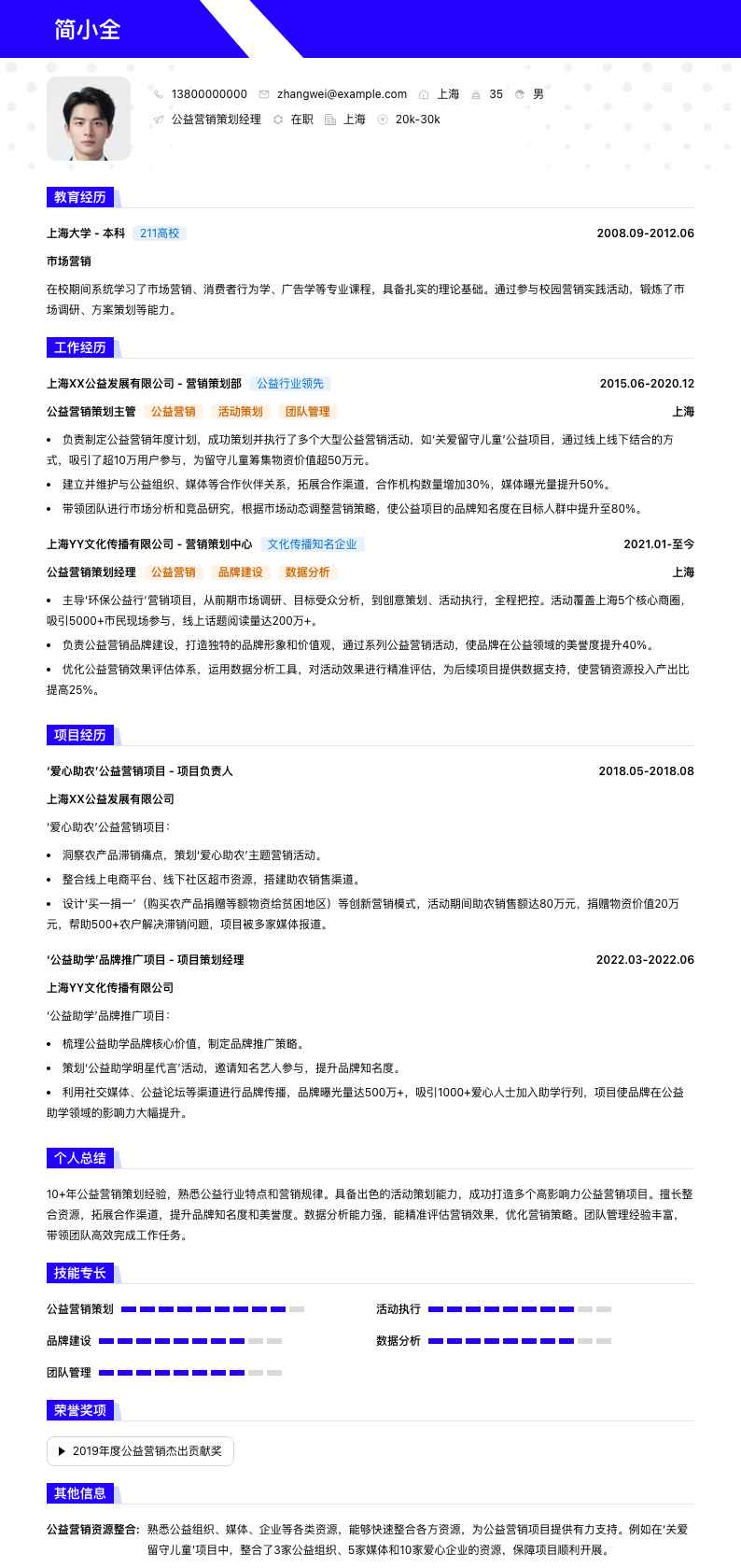公益营销策划经理简历模板