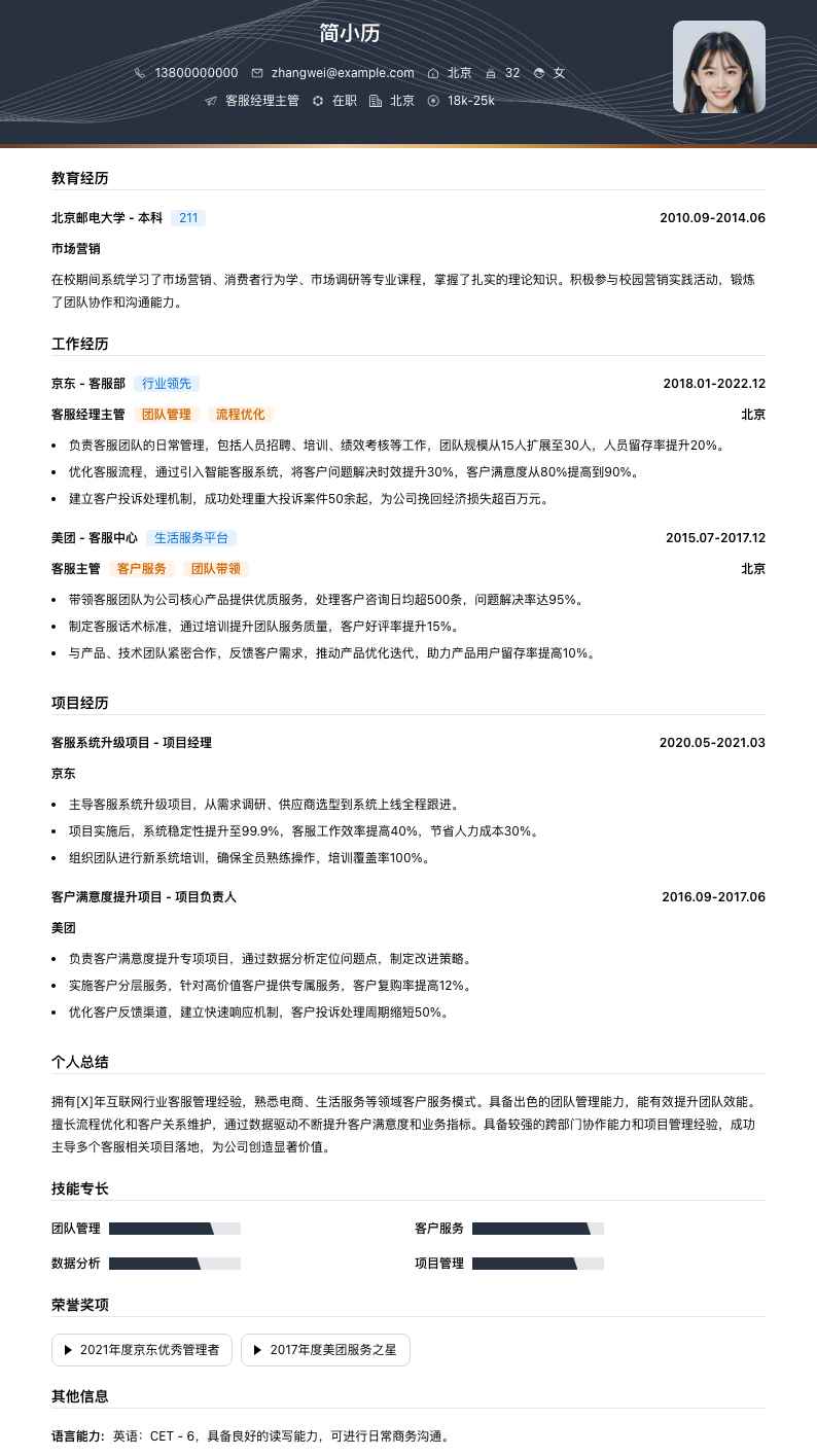 客服经理主管简历模板