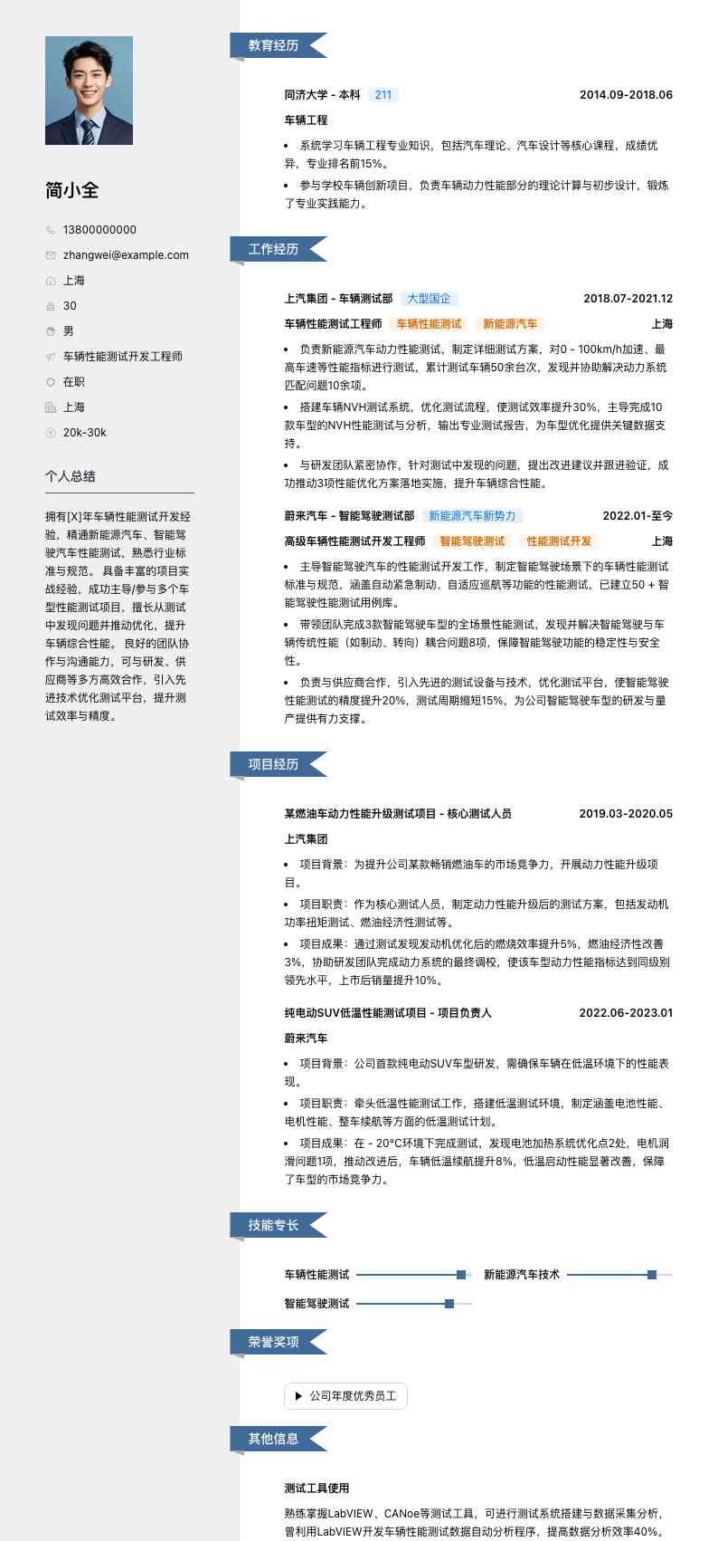 车辆性能测试简历模板