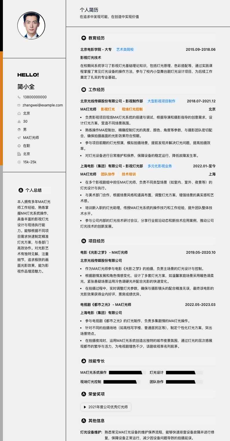 ma灯光师简历模板
