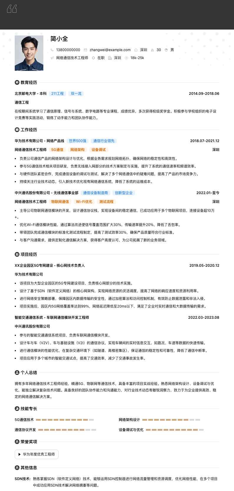 网络通信技术工程师简历模板