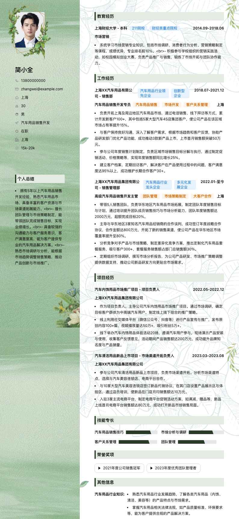 汽车用品销售简历模板