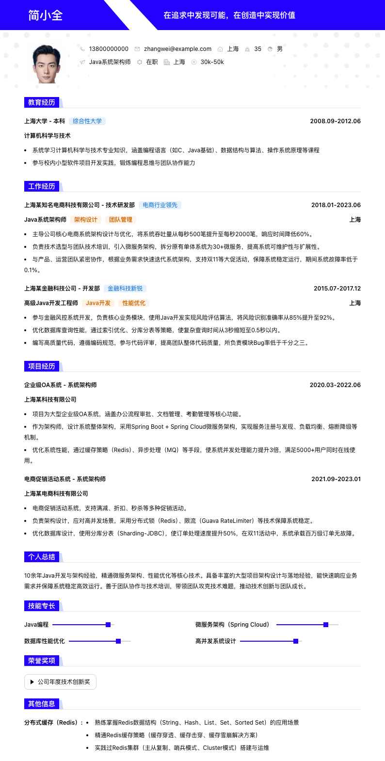 java系统架构师简历模板