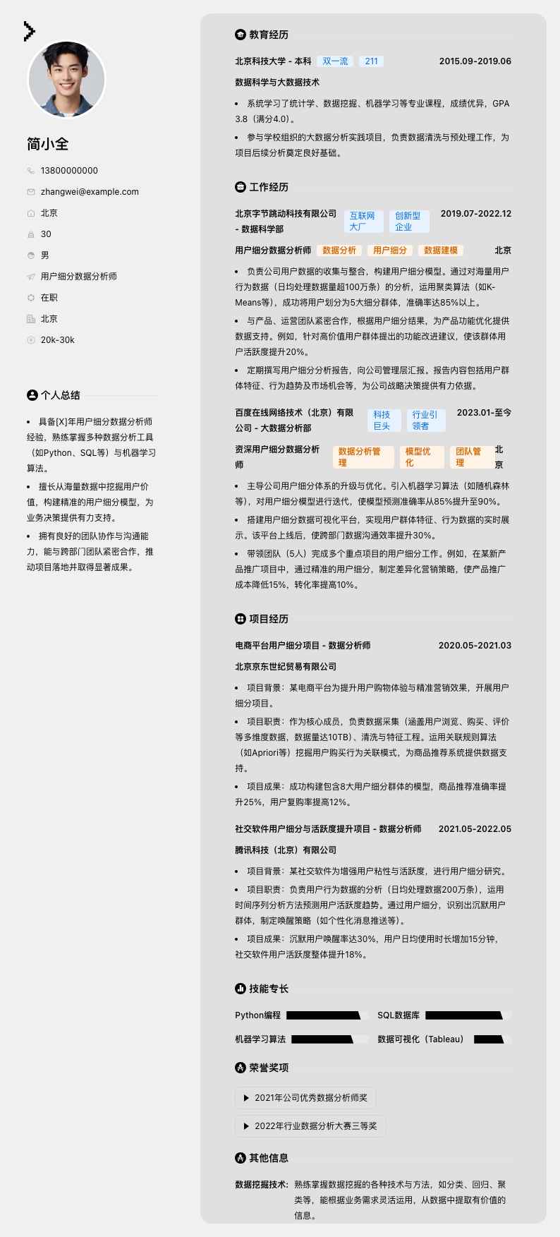 用户细分数据分析师简历模板