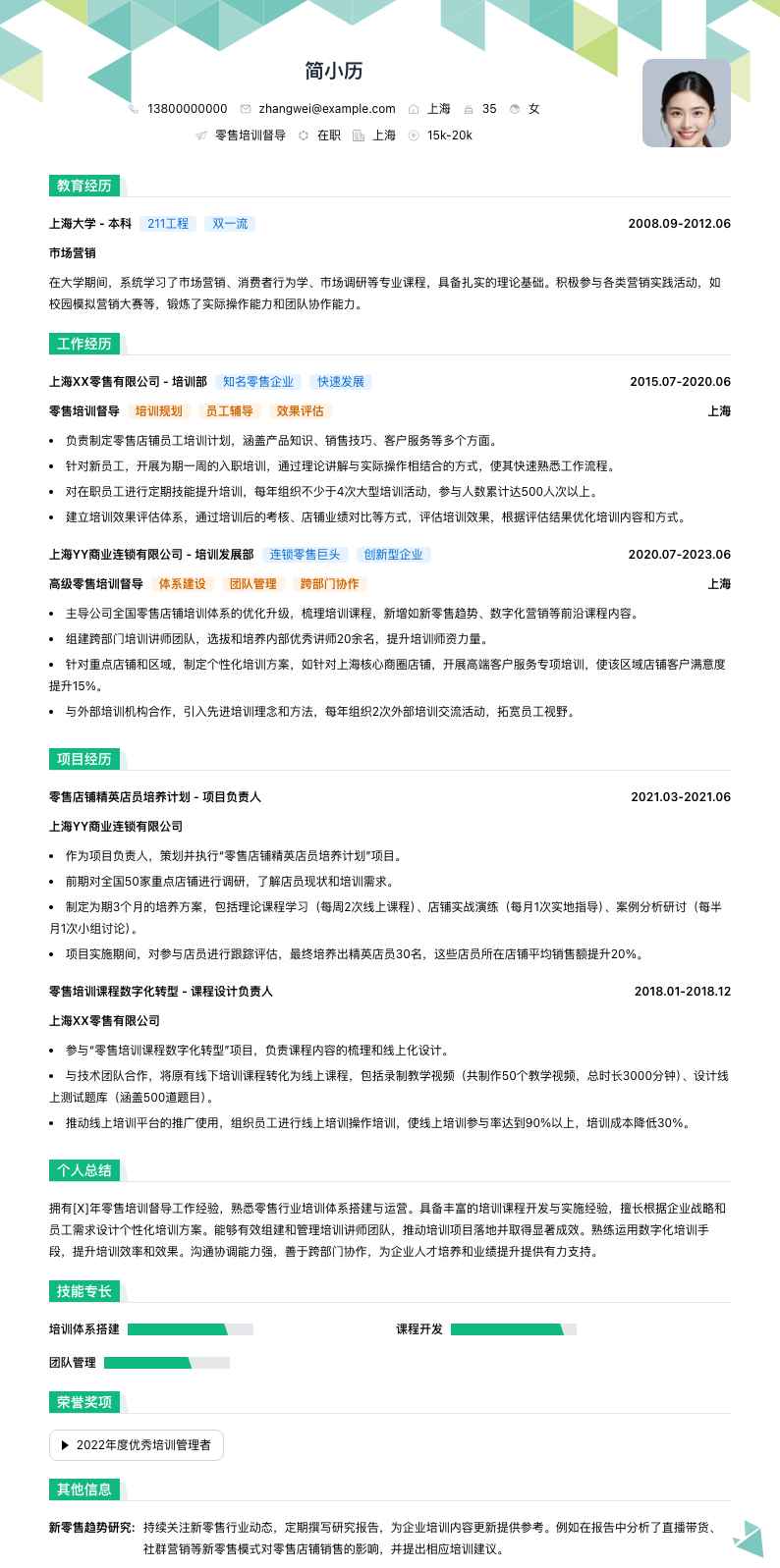 零售培训督导简历模板