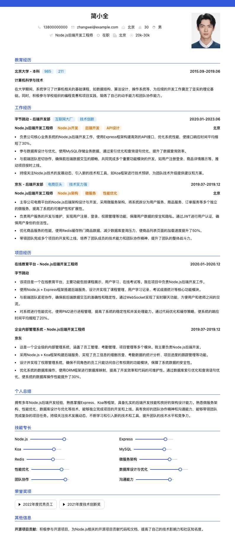 Node.js后端开发工程师简历模板