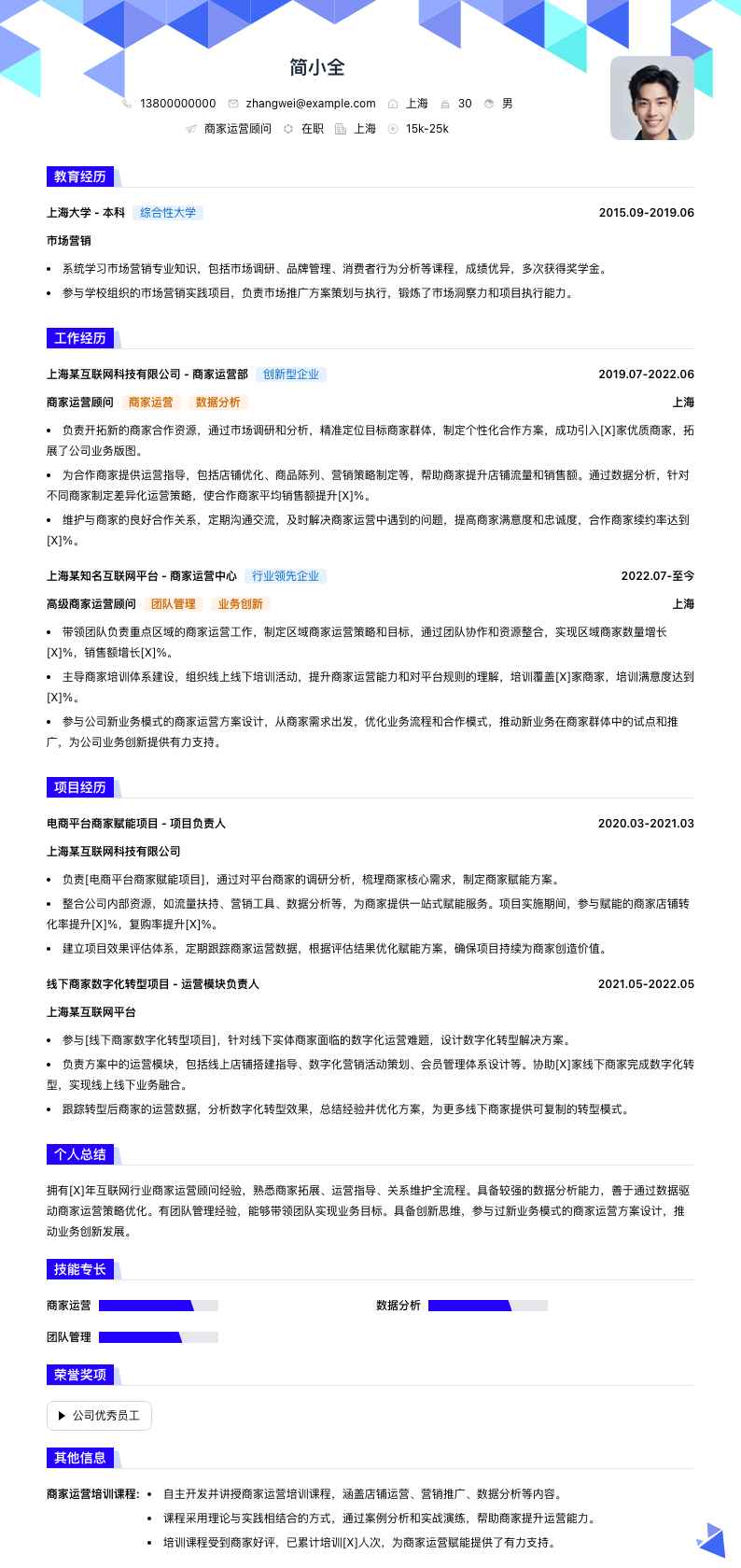 商家运营顾问简历模板