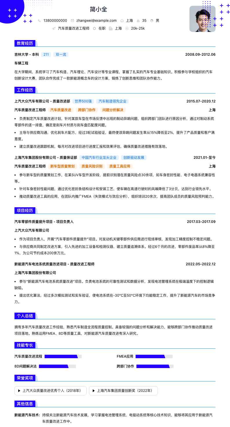 汽车质量改进工程师简历模板