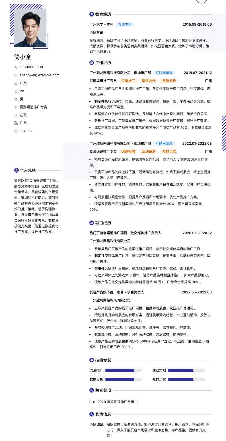 页游渠道推广专员简历模板