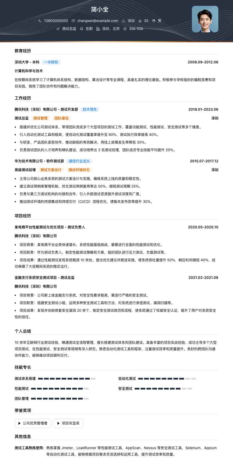 测试总监简历模板