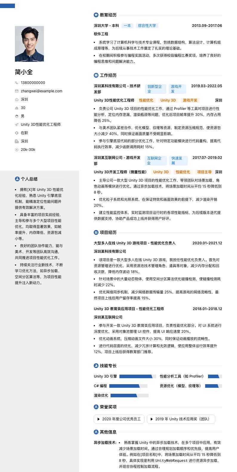 Unity 3D性能优化工程师简历模板