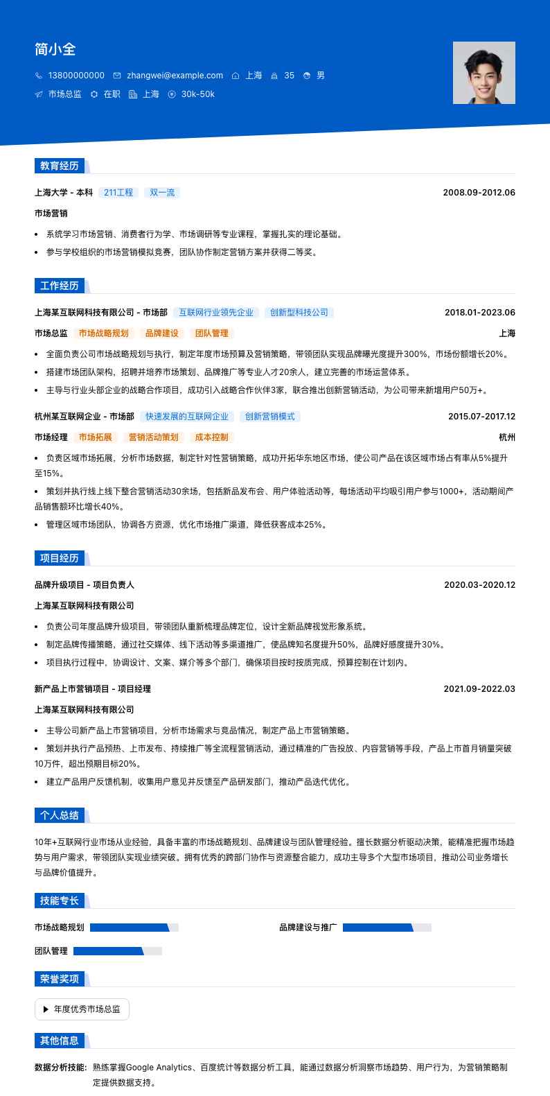 互联网行业市场总监简历模板