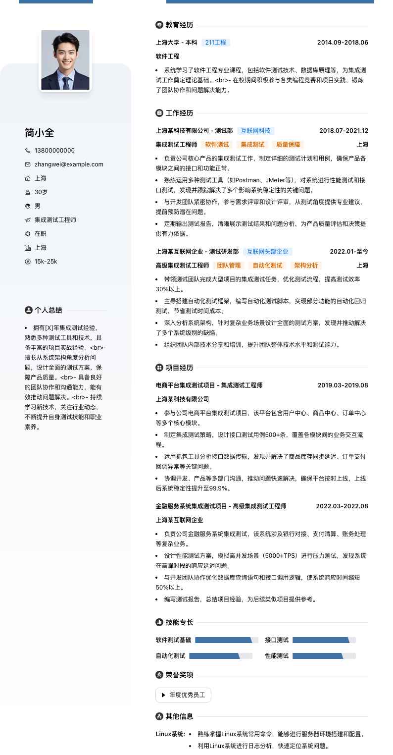 集成测试工程师简历模板