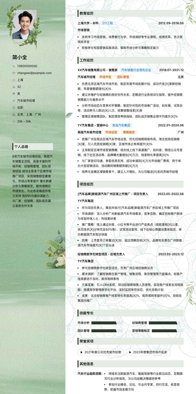 汽车城市经理简历模板