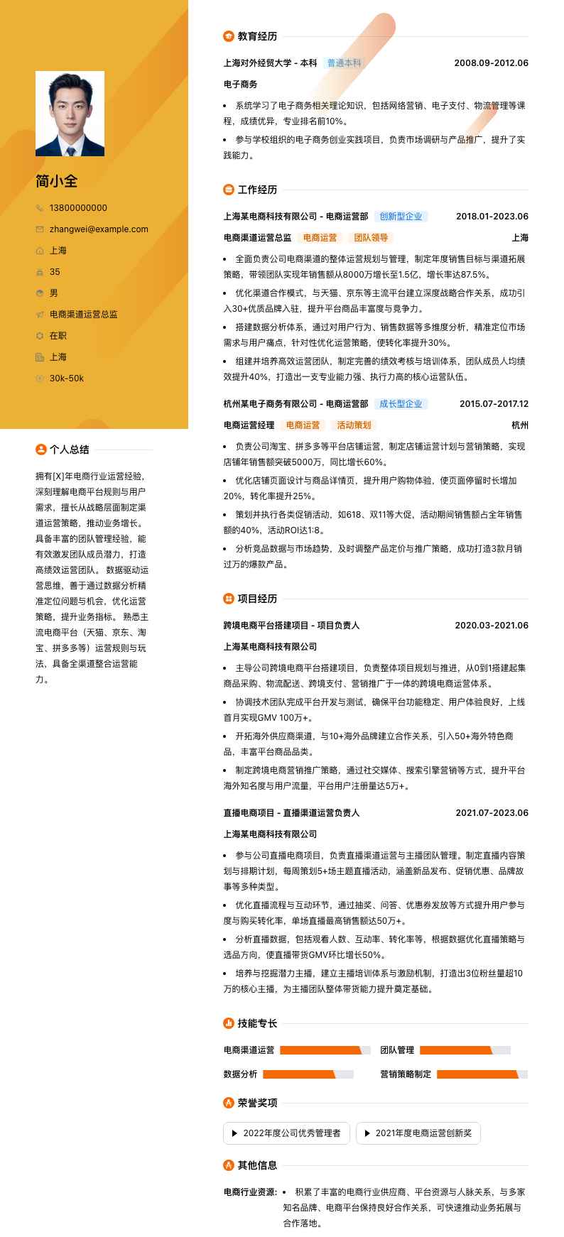 电商渠道运营总监简历模板