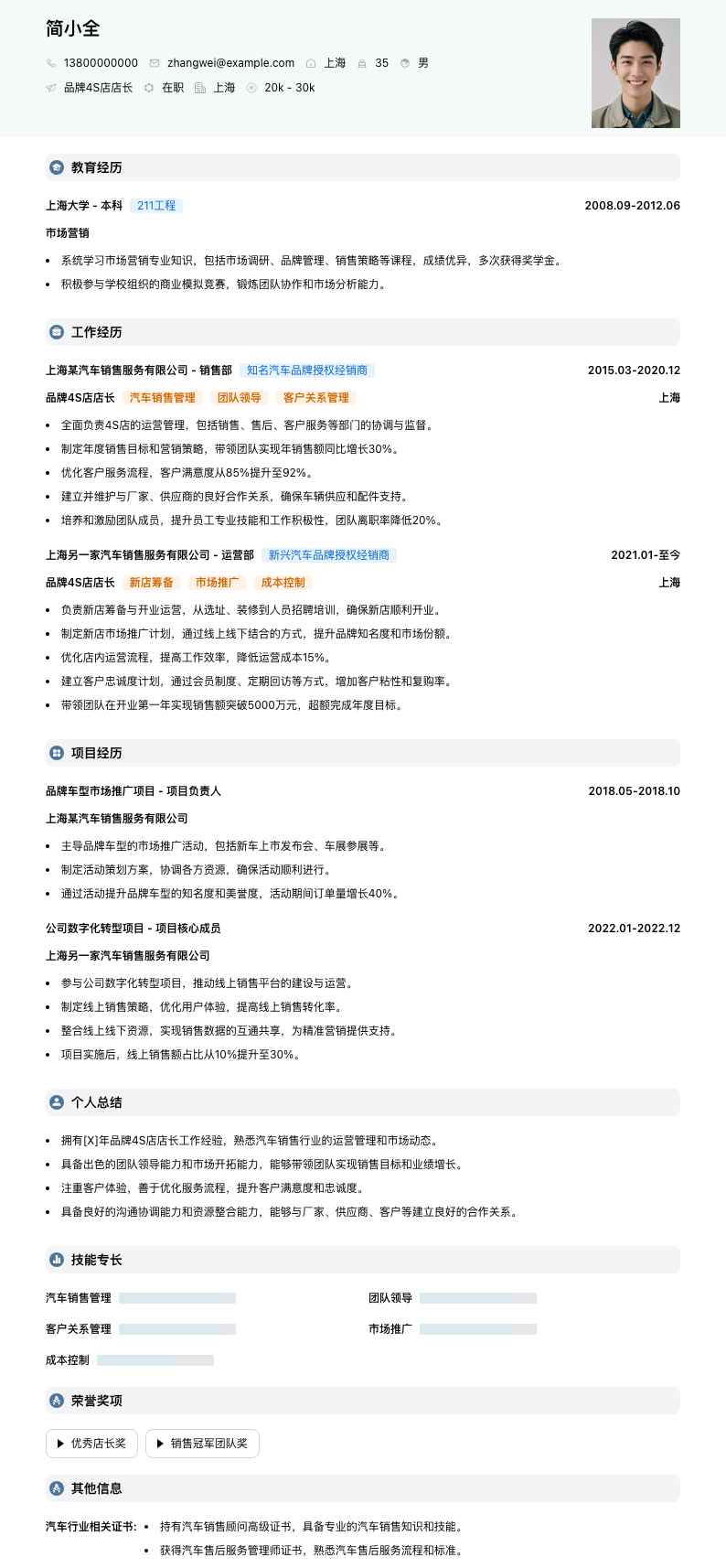 品牌4S店店长简历模板