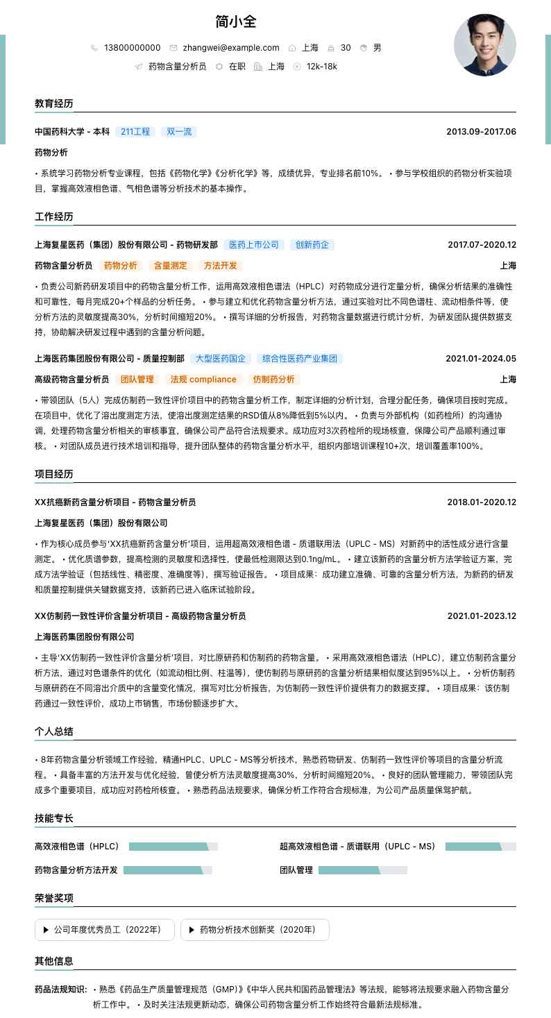 药物含量分析员简历模板