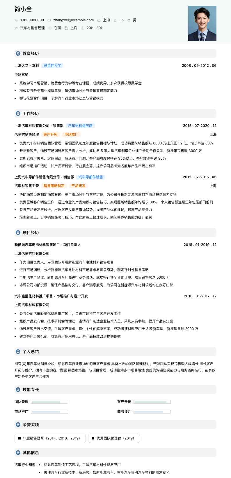 汽车材销售经理简历模板