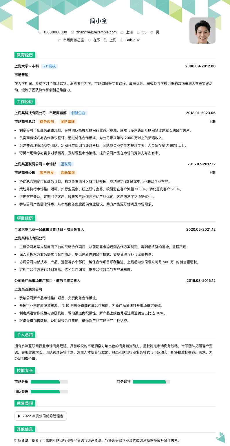 市场商务总监简历模板