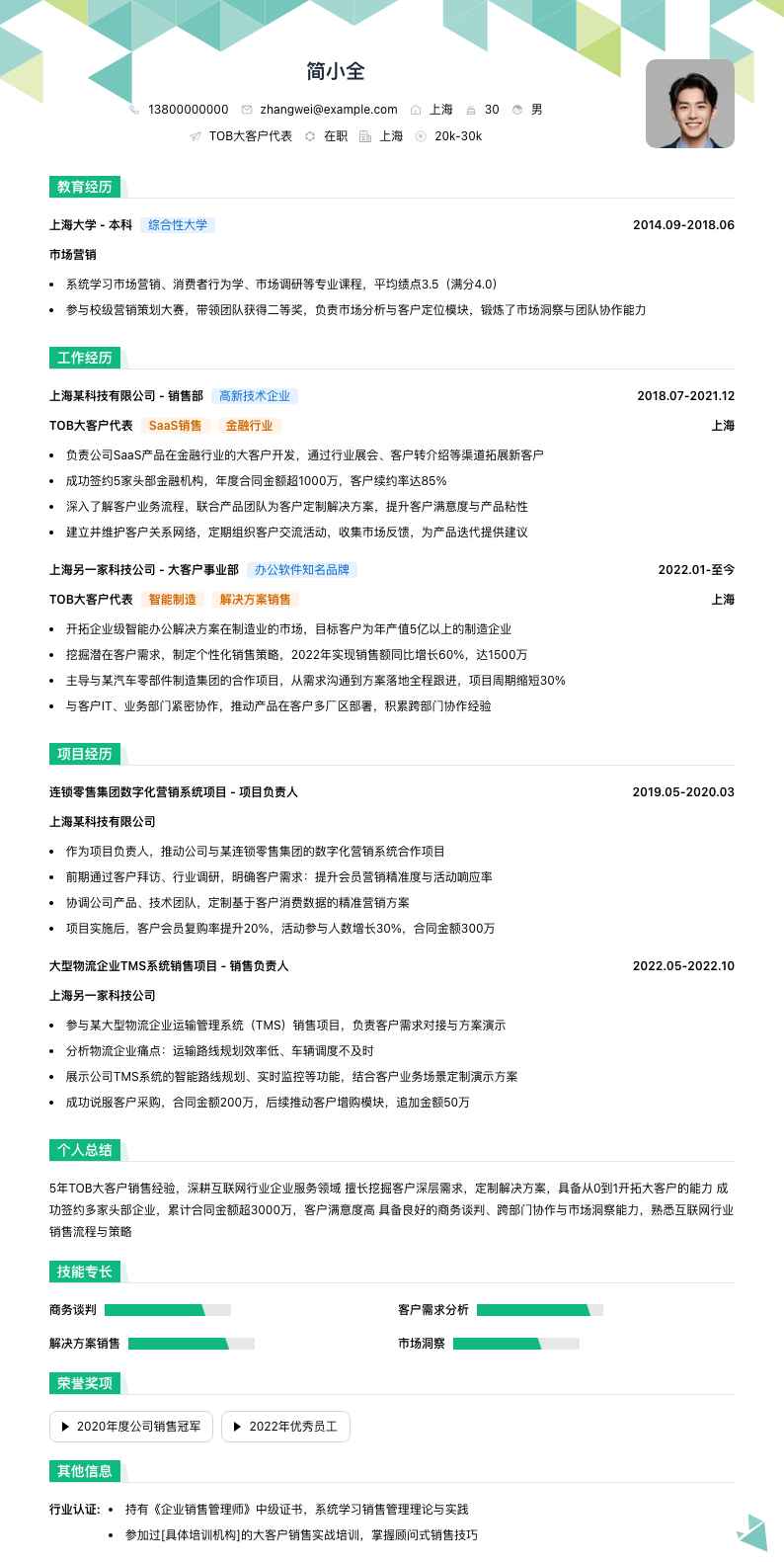 tob大客户代表简历模板