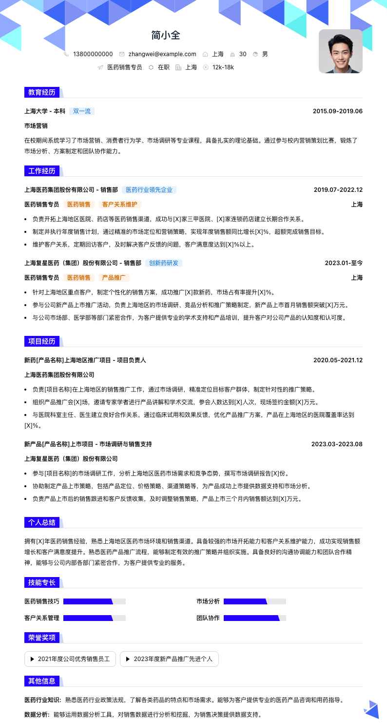 医药销售专员简历模板