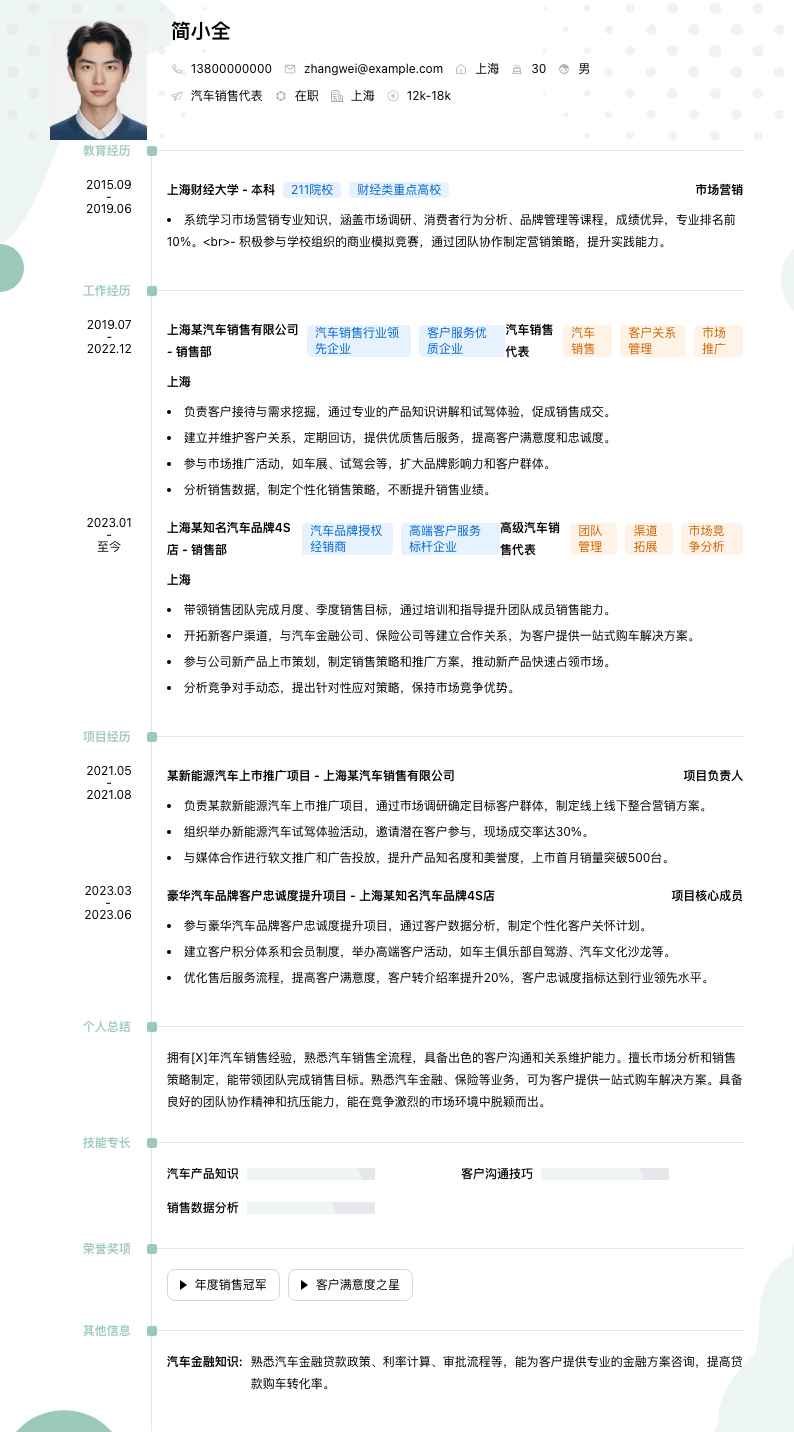 汽车销售代表简历模板