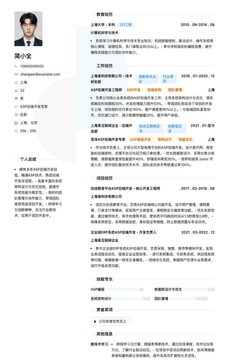ASP后端开发专家简历模板
