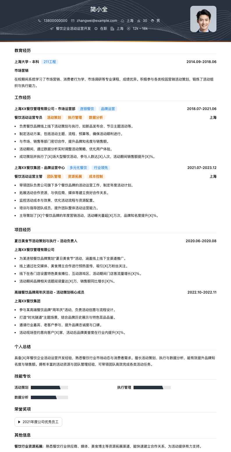 餐饮企业活动运营简历模板