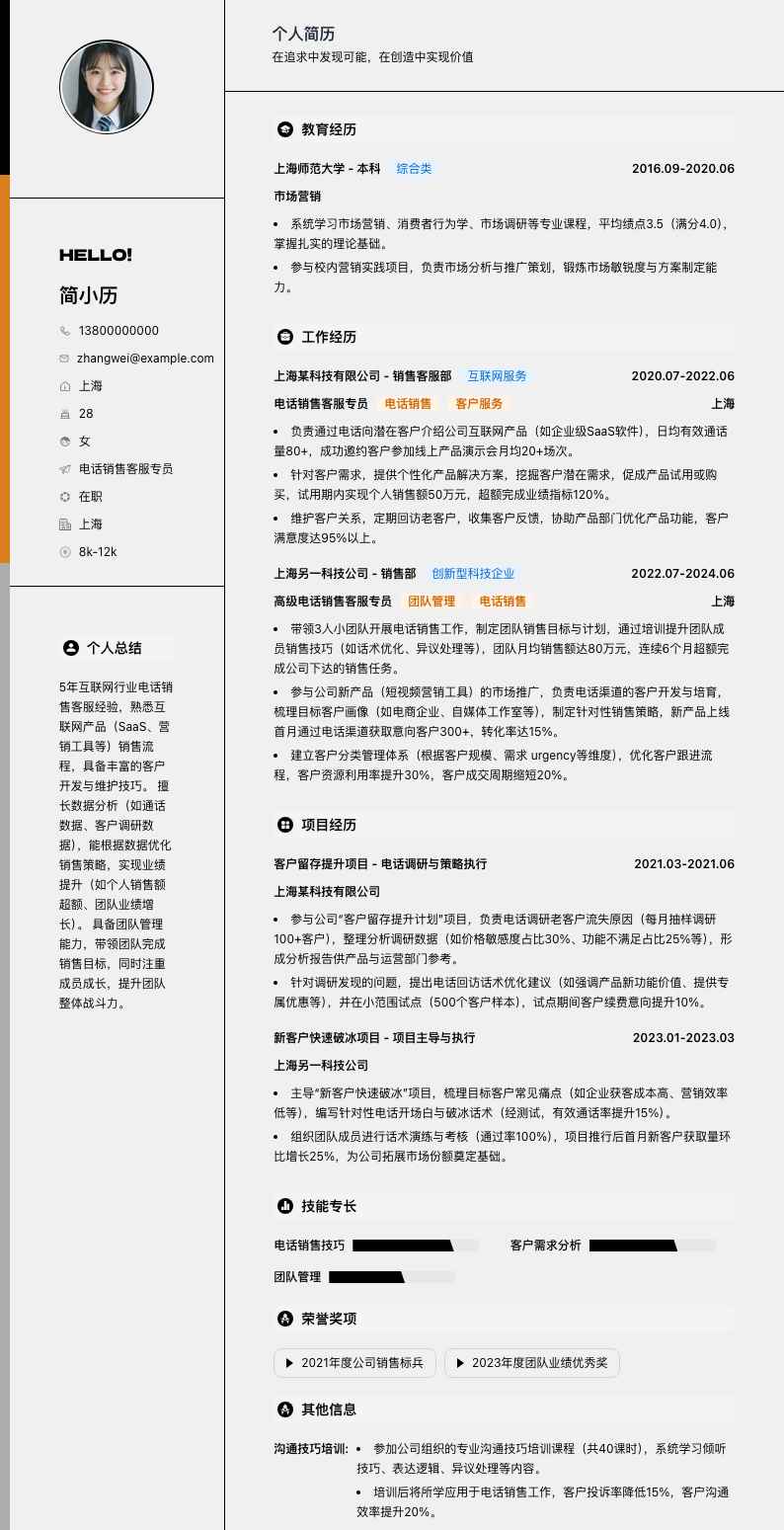 电话销售客服专员简历模板