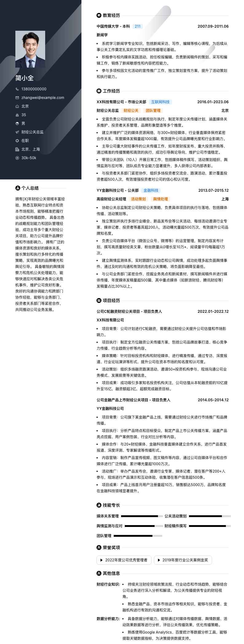 财经公关总监简历模板