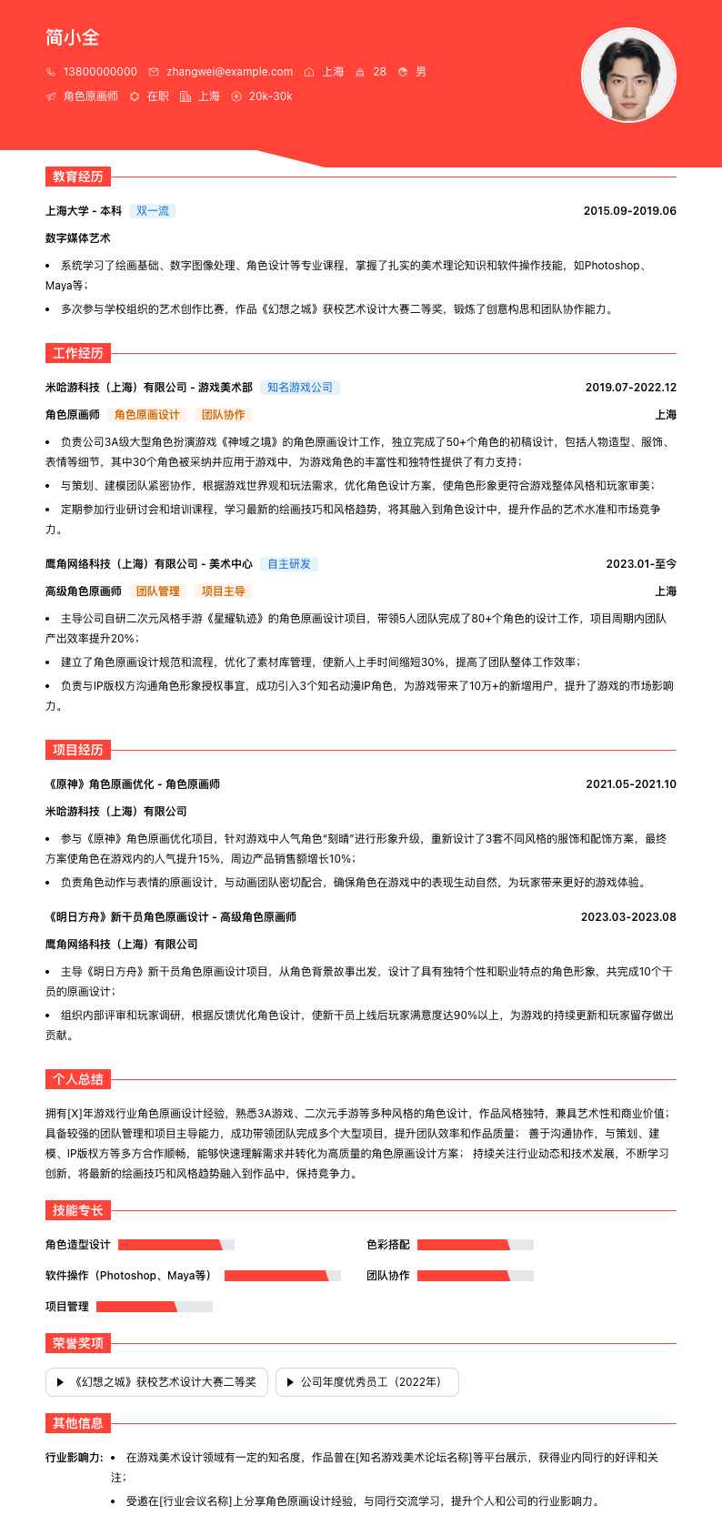 角色原画师简历模板