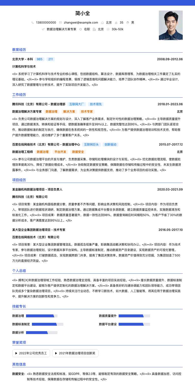 数据治理解决方案专家简历模板