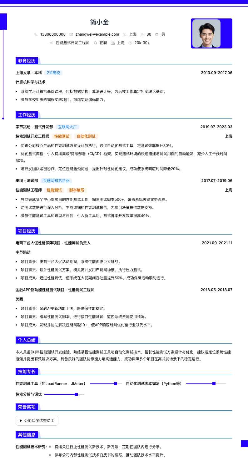 性能测试开发工程师简历模板