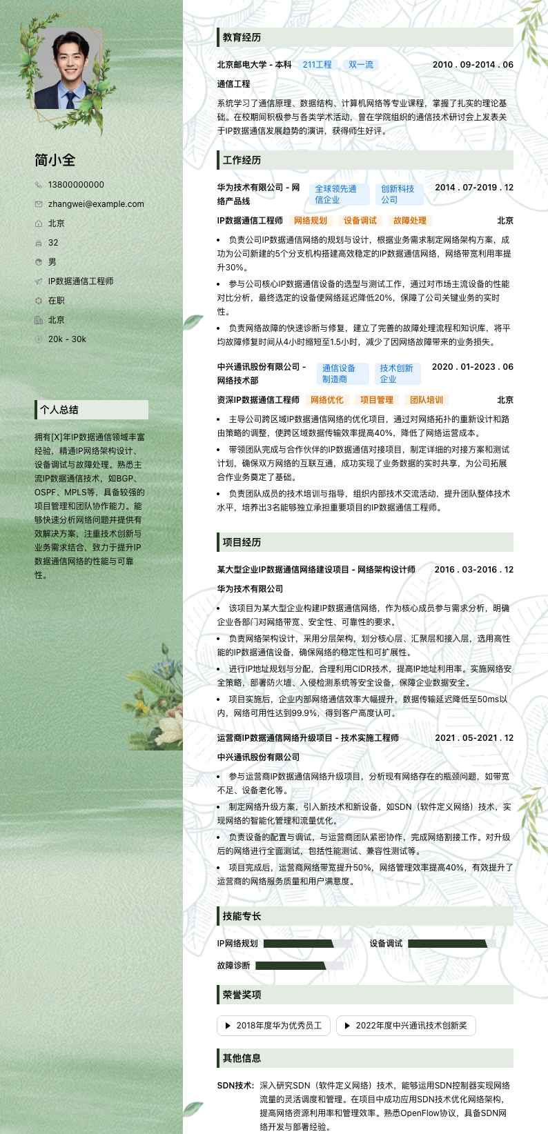 IP数据通信工程师简历模板