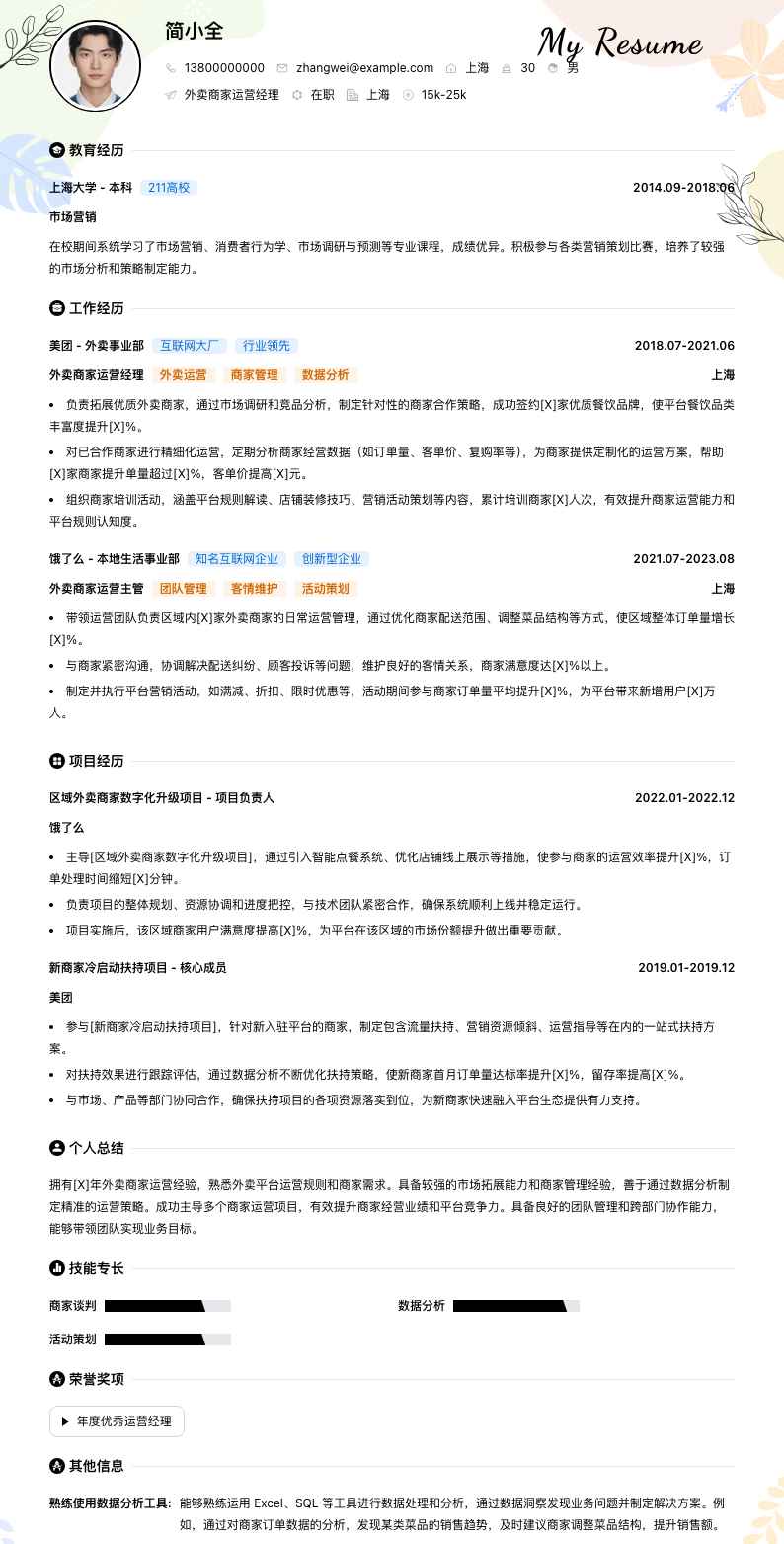 外卖商家运营经理简历模板