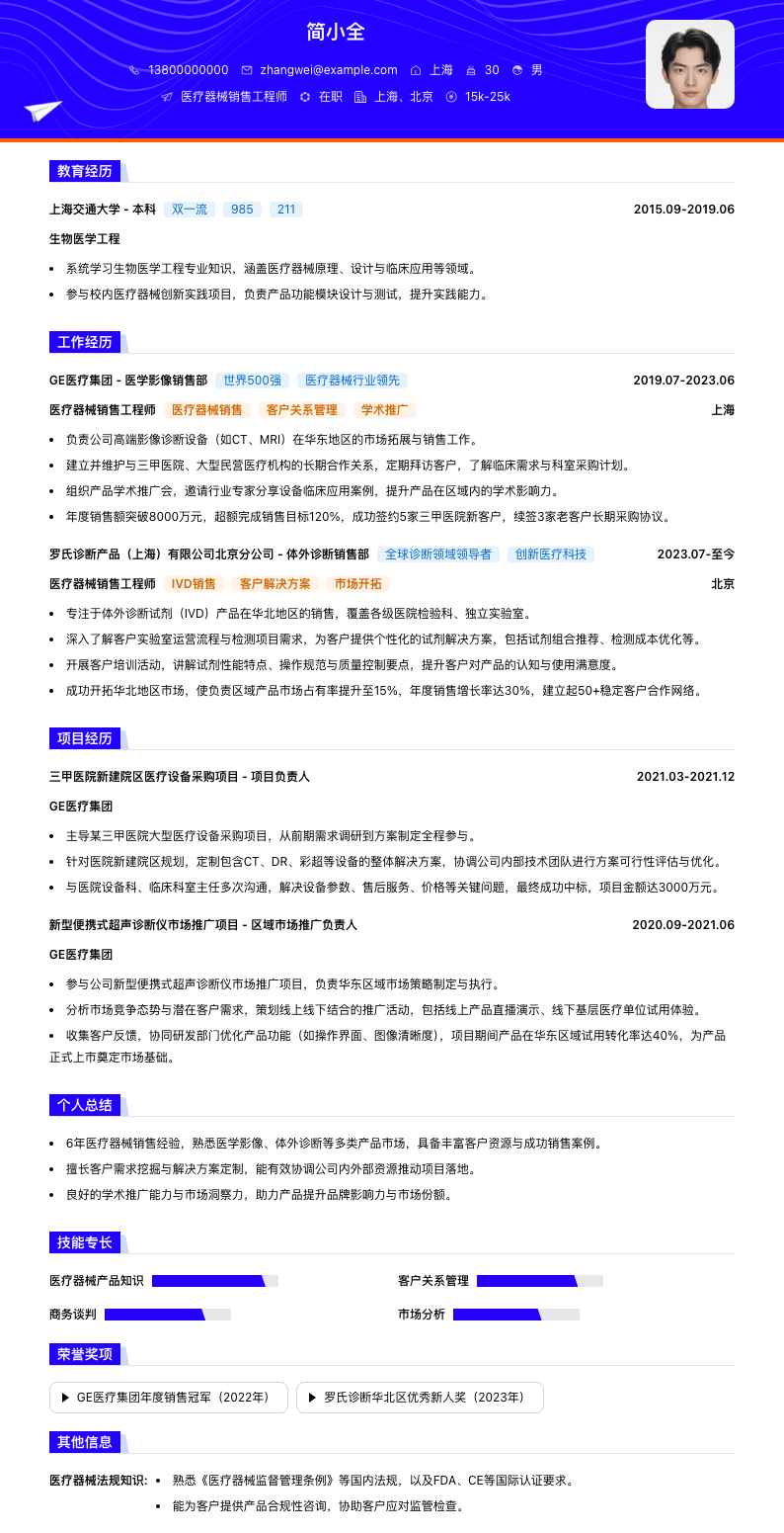 医疗器械销售工程师简历模板