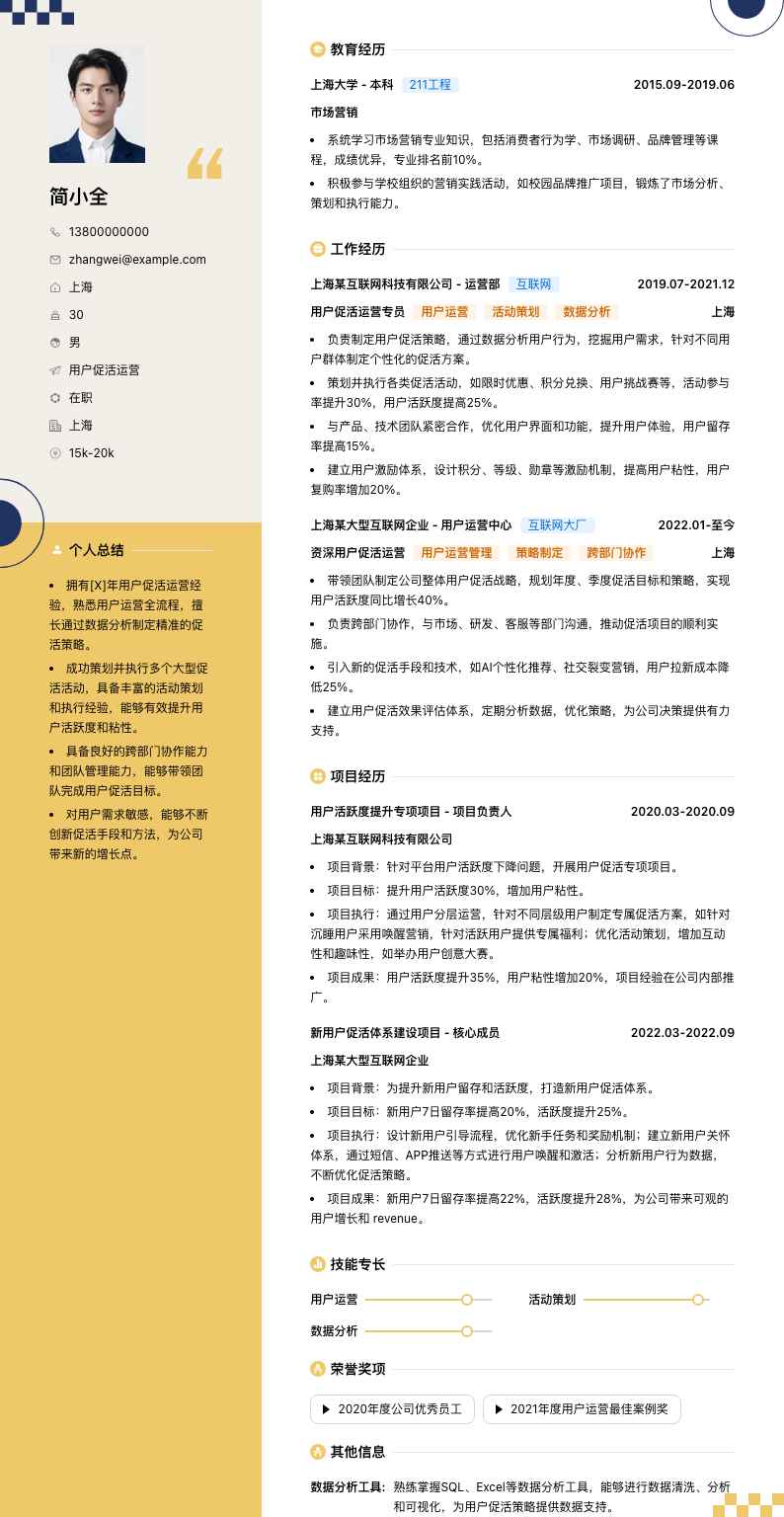 用户促活运营简历模板