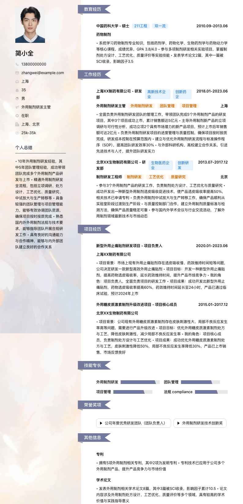 外用制剂研发主管简历模板