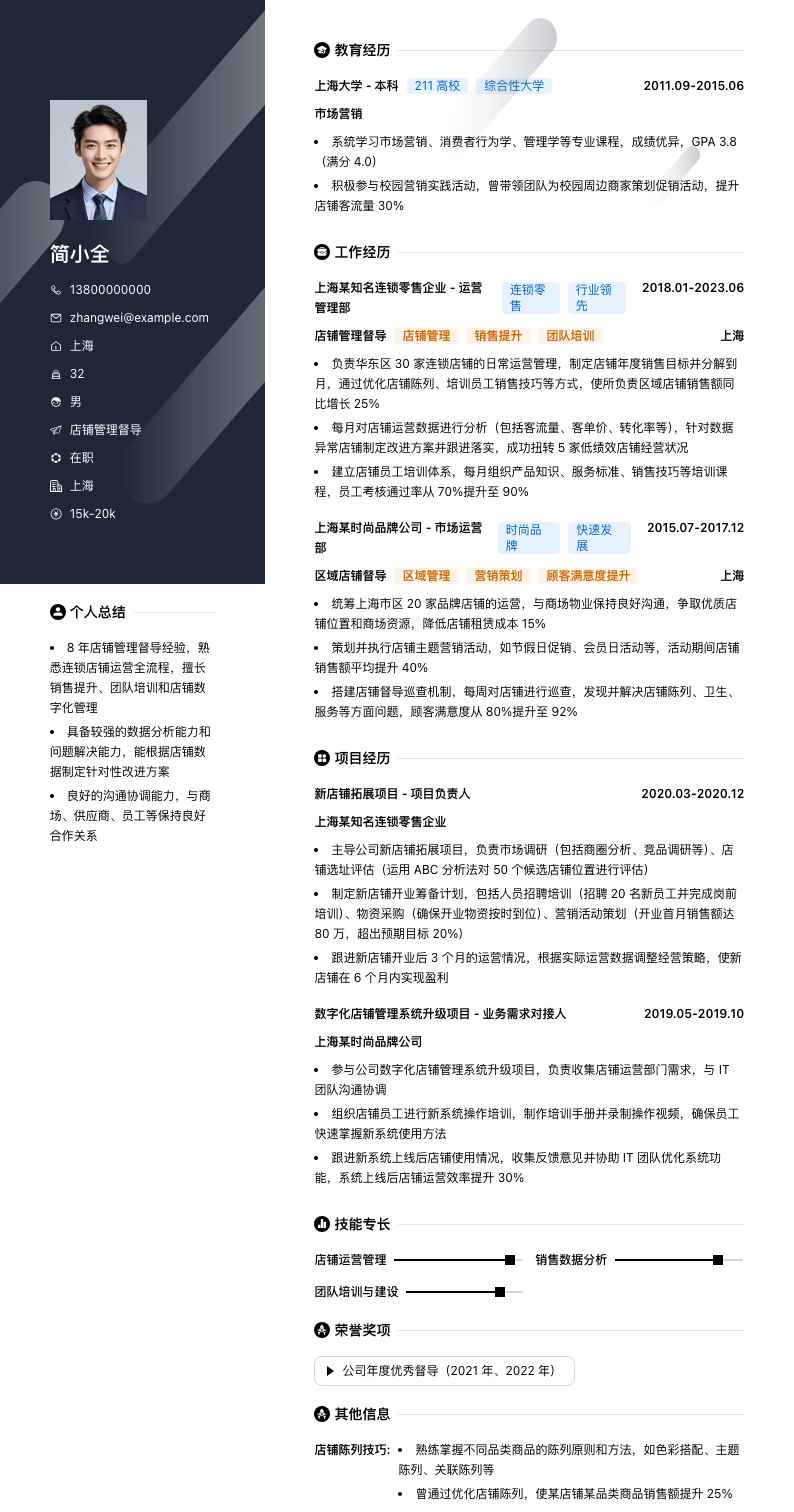 店铺管理督导简历模板