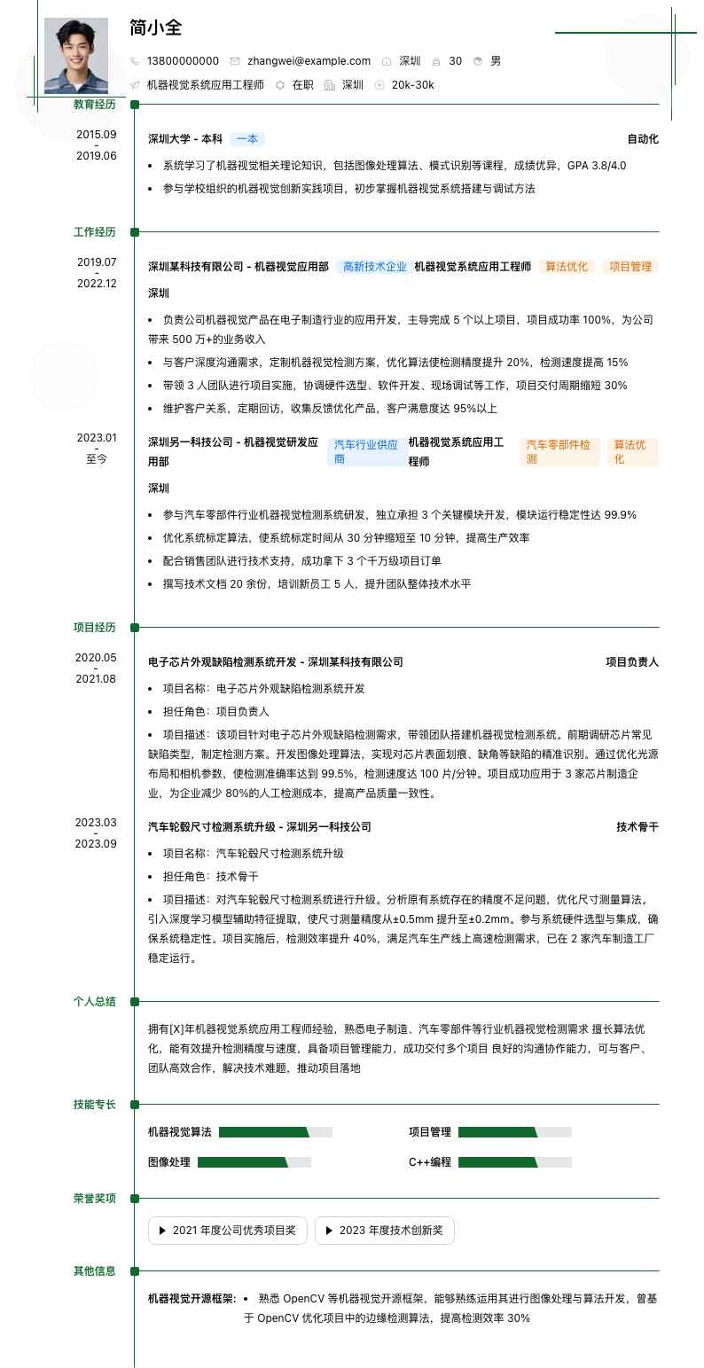 机器视觉系统应用工程师简历模板